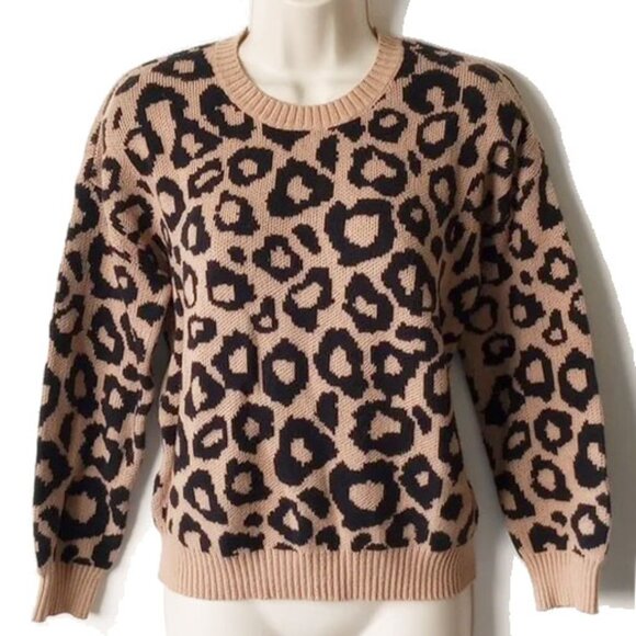 NWOT BCBGMaxAzria Crew Neck Sweater XS Tan Leopard Cotton Blend - Picture 1 of 5